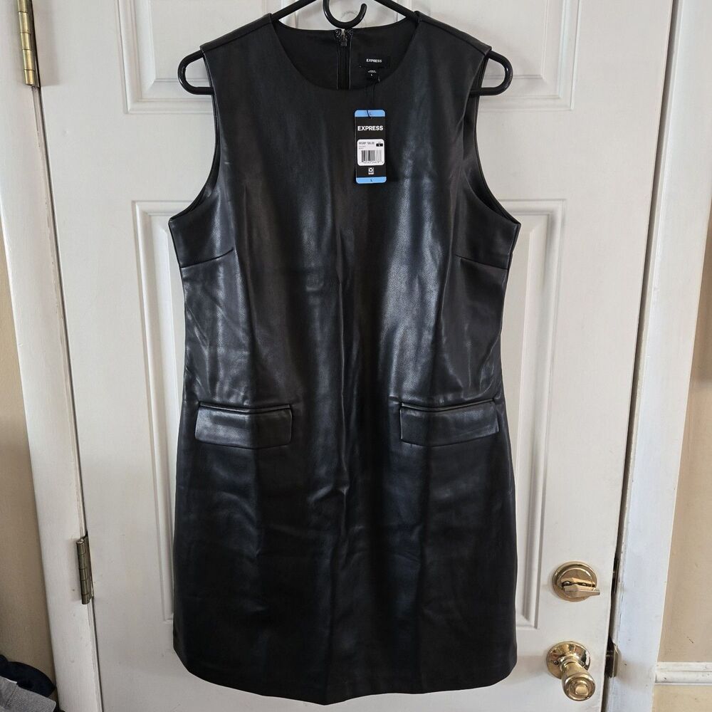 Express Shift Dress Faux Leather Black Womens Size L NWT Sleeveless Mini